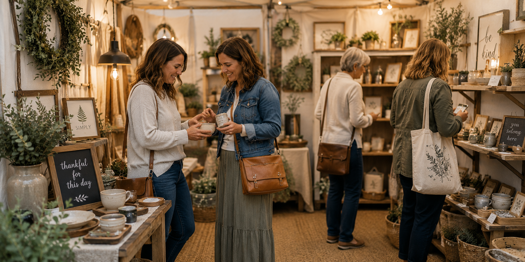 Shoppers moving naturally through a welcoming craft booth, illustrating how easy shopping experiences encourage people to stay longer.