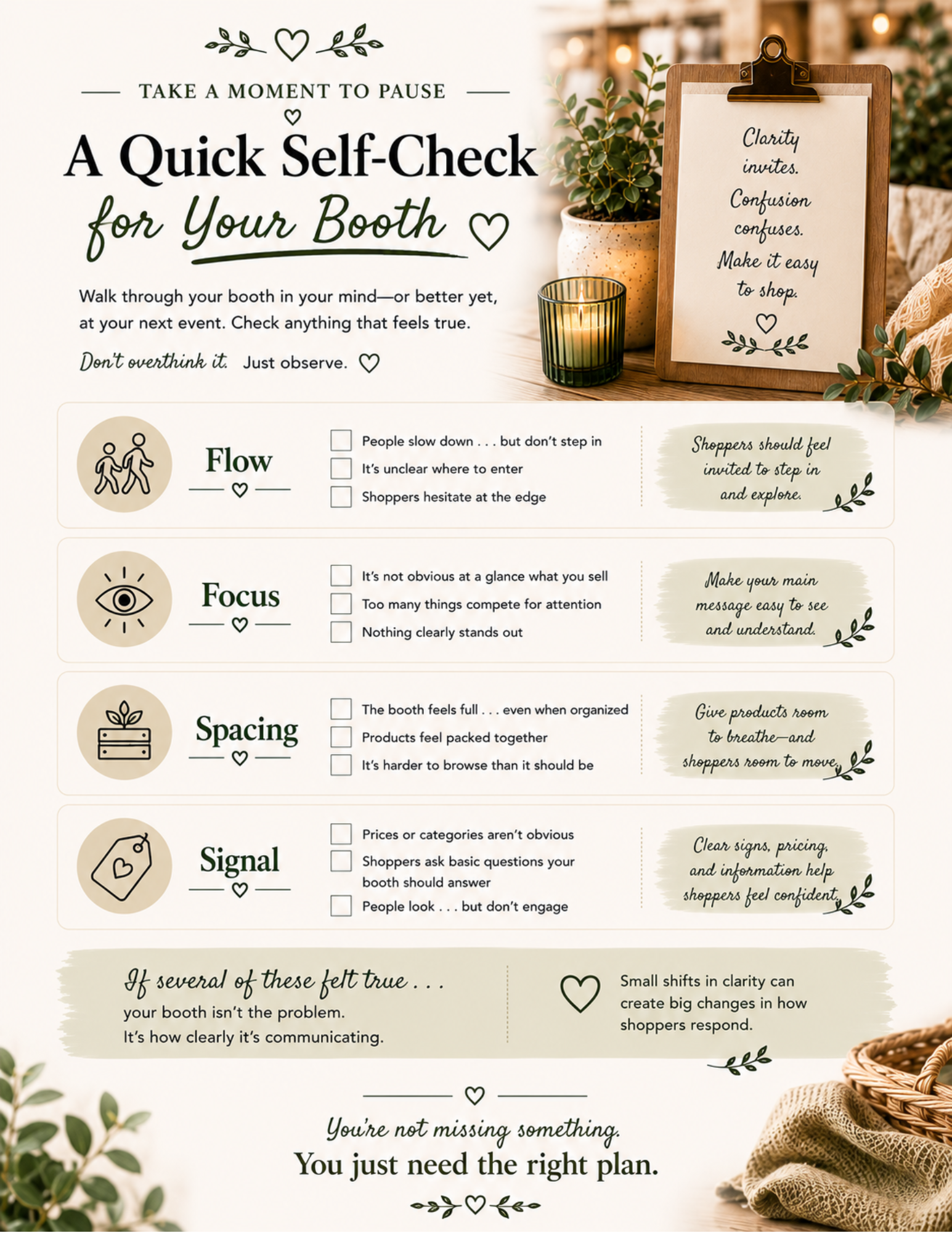 Worksheet page from Fix Your Booth 01 featuring a booth self-check for craft show vendors. The page helps makers observe shopper flow, focus, spacing, and booth messaging to identify problems before making layout changes.