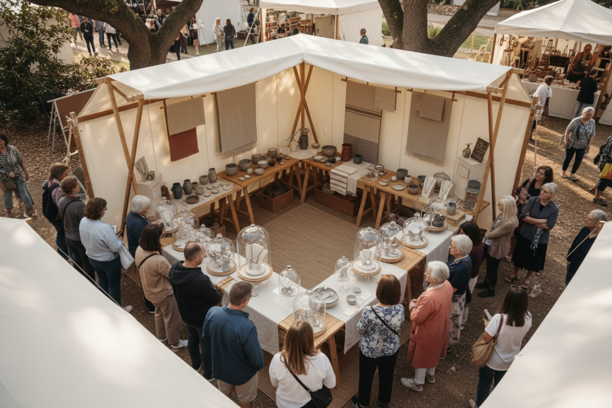 shoppers standing around outer edge of craft booth without entering interior browsing from a distance at market