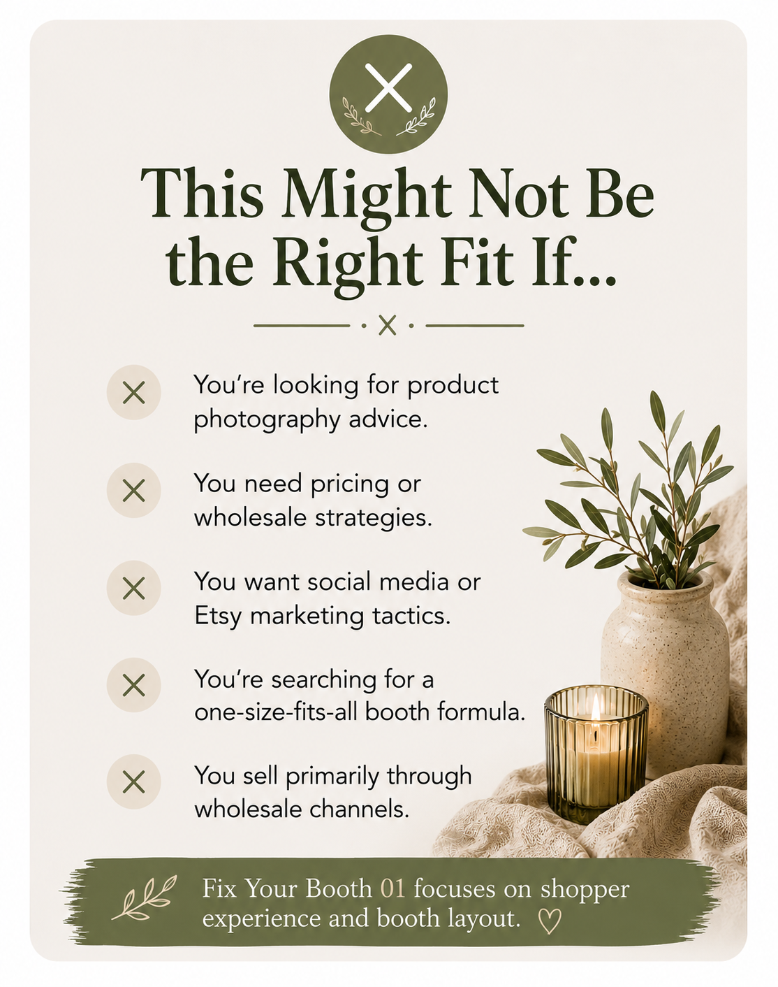 The card explains that the guide focuses on booth layout and shopper experience rather than product photography, pricing strategies, social media marketing, or wholesale businesses.