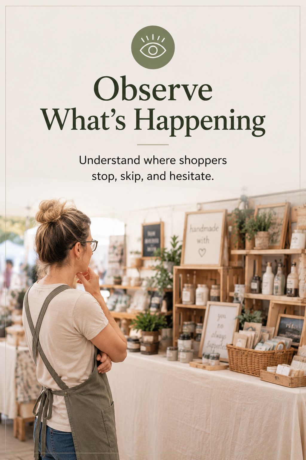 Maker standing in front of a craft show booth and observing how shoppers interact with the display to better understand shopper flow and browsing behavior.