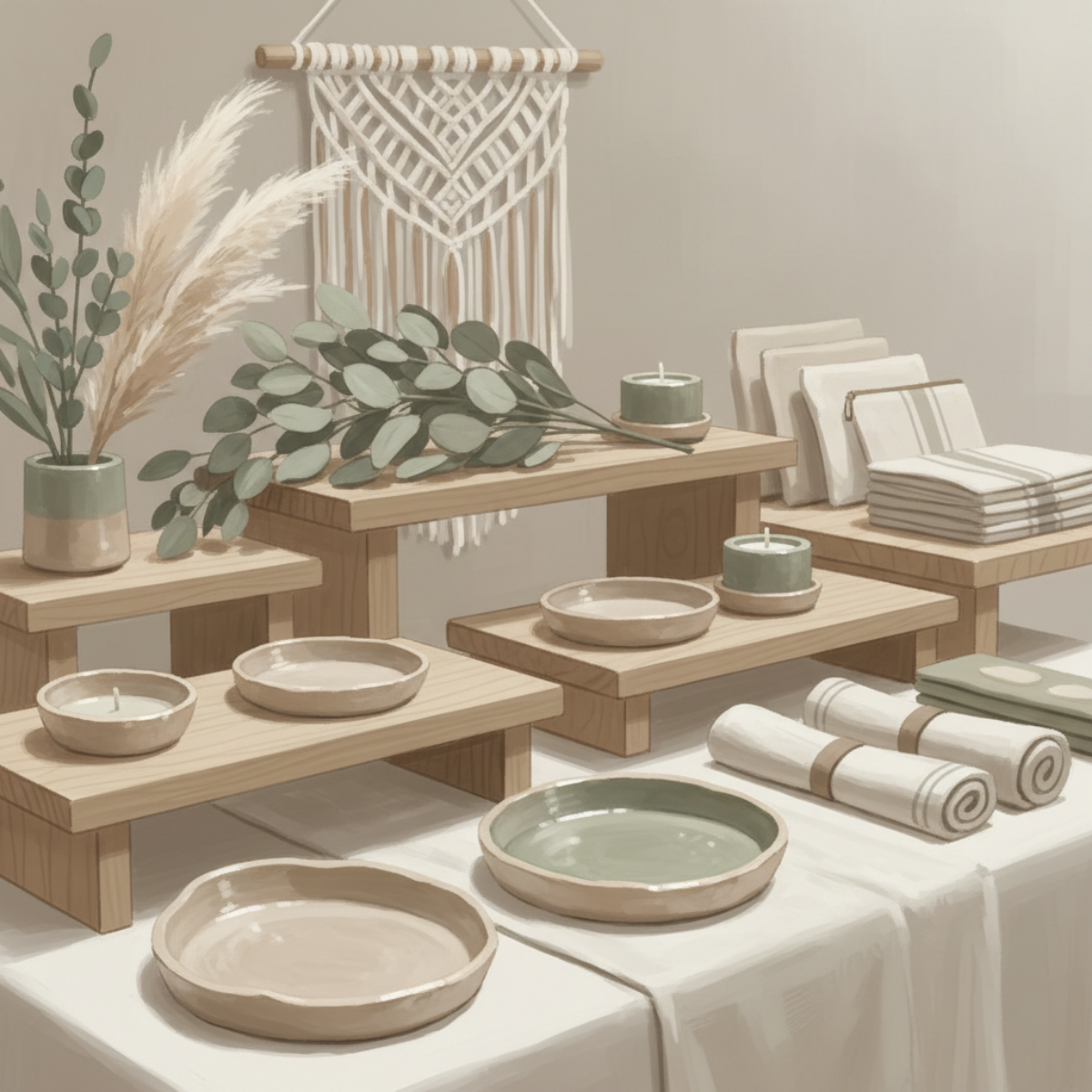 Minimal modern craft booth display with neutral colors and trendy decor, illustrating how a stylish setup can lack a strong focal point that keeps shoppers engaged.