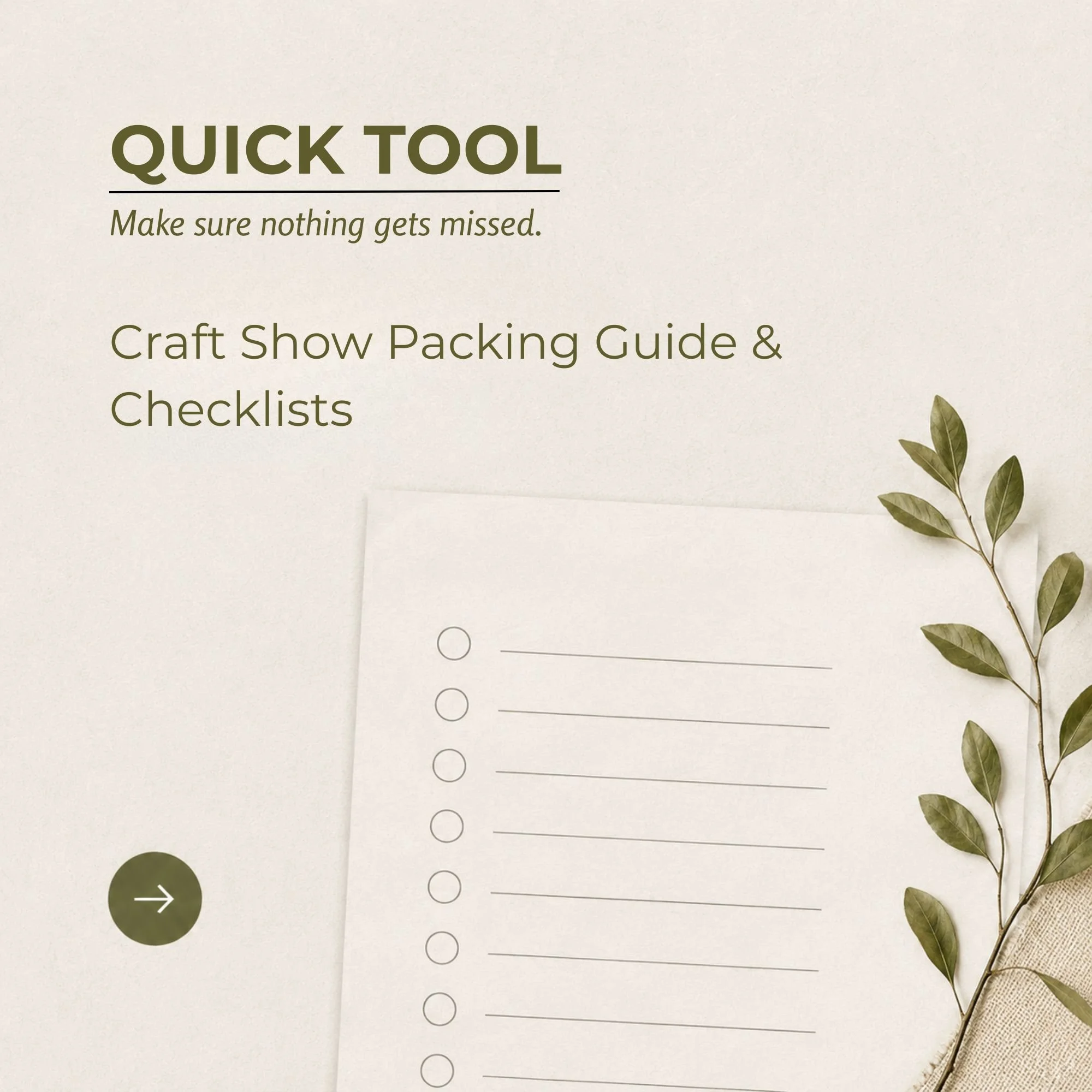 Craft Show Packing Guide and Checklists featuring vendor packing lists, event preparation checklists, supply organization tools, booth setup readiness resources, and essential craft fair planning for handmade business owners.