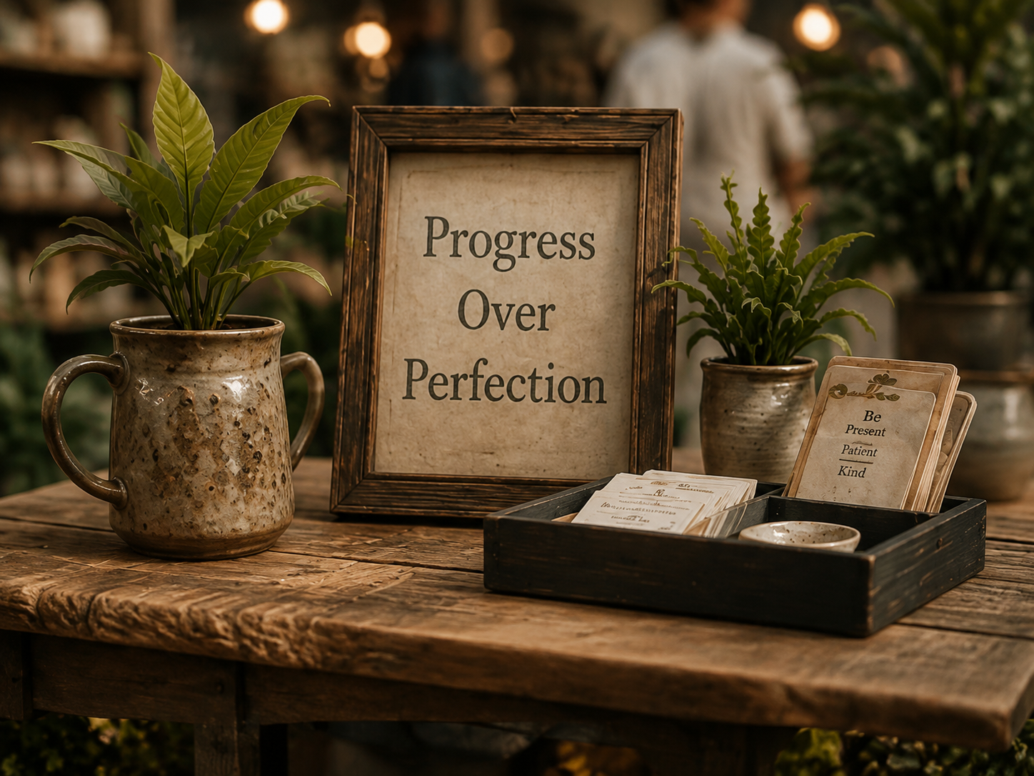 Wooden table displaying two potted green plants, a framed sign reading 'Progress Over Perfection,' and a black tray with cards and a small bowl, with a blurred background of a person and warm ambient lighting.