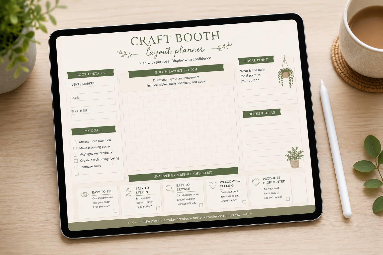 Digital craft booth layout planner displayed on a tablet with sections for booth goals, focal point, layout sketch, and shopper experience checklist.
