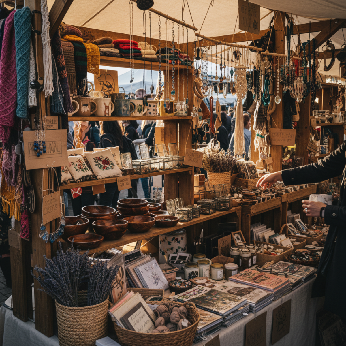 Busy handmade craft booth filled with hanging jewelry, textiles, mugs, bowls, prints, and layered artisan products competing for shopper attention at an outdoor market.