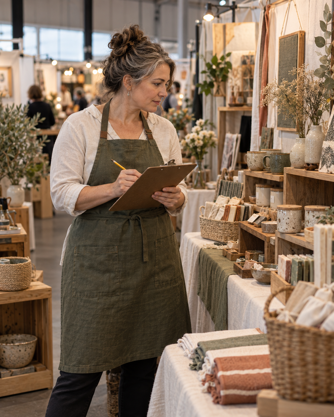 A woman with gray hair, wearing a beige shirt and a green apron, stands in a craft fair or artisan market with wooden shelves displaying pottery, candles, and textiles. She is writing on a clipboard.