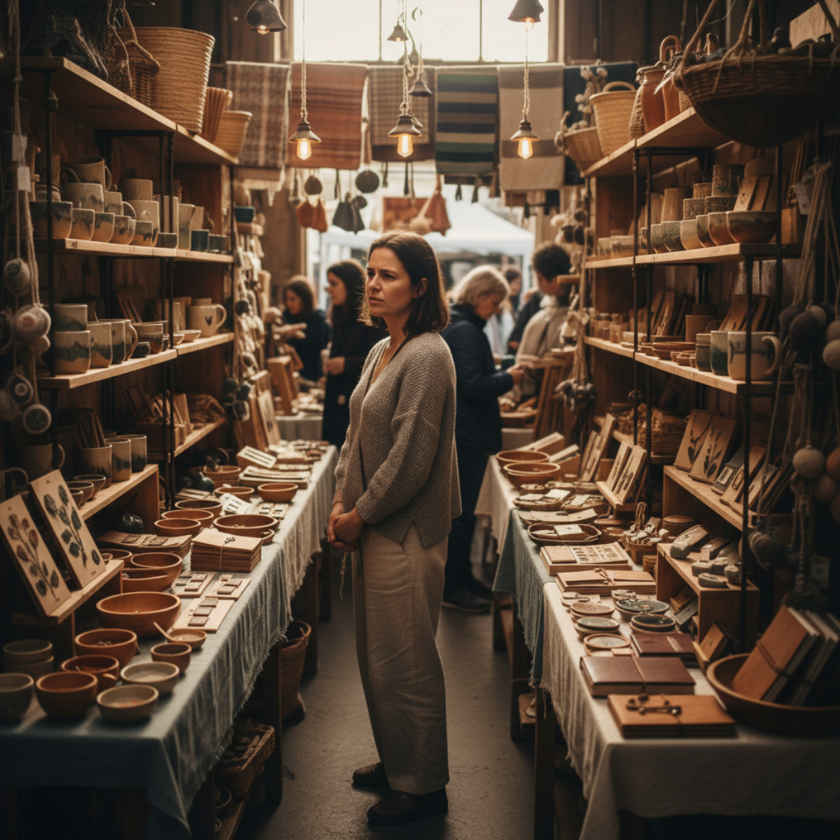 Shopper standing in the center of a crowded craft booth aisle while browsing handmade products without making a purchase.