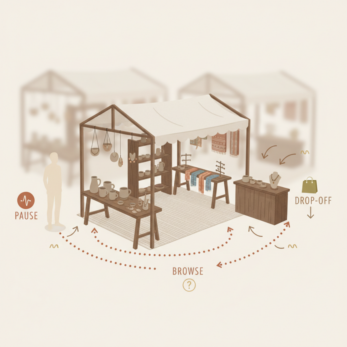Illustration showing a shopper's path through a craft booth, highlighting how browsing can lose momentum when products lack a clear focal point or next step.