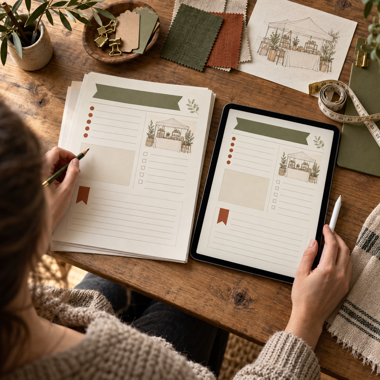 A person designing event flyers on paper and a tablet, with fabric samples, a measuring tape, and stationery on a wooden table.