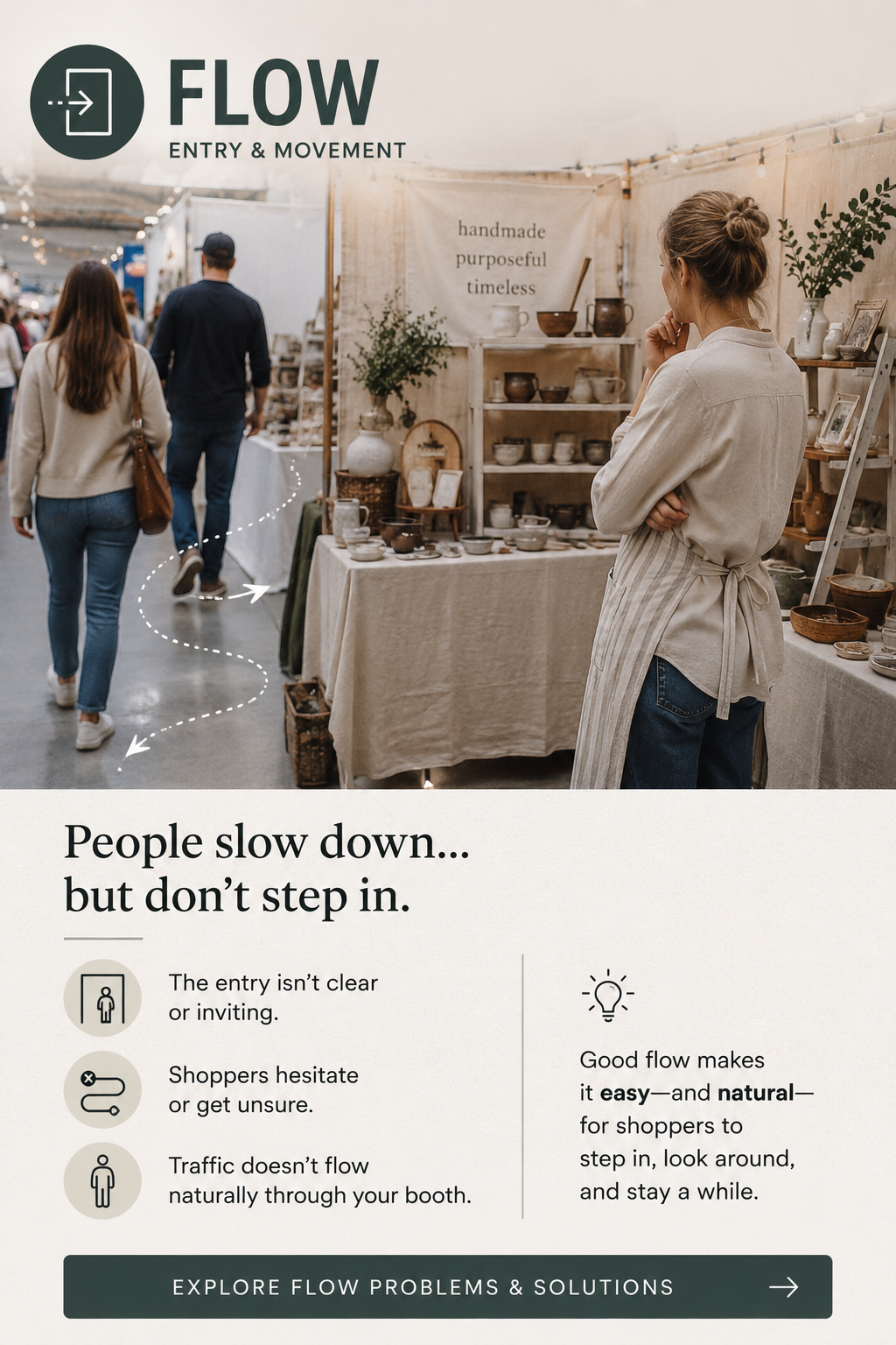 Illustrated craft booth flow analysis showing shoppers slowing down at the edge of a handmade vendor booth without entering due to unclear entry flow, movement friction, and hesitation points.