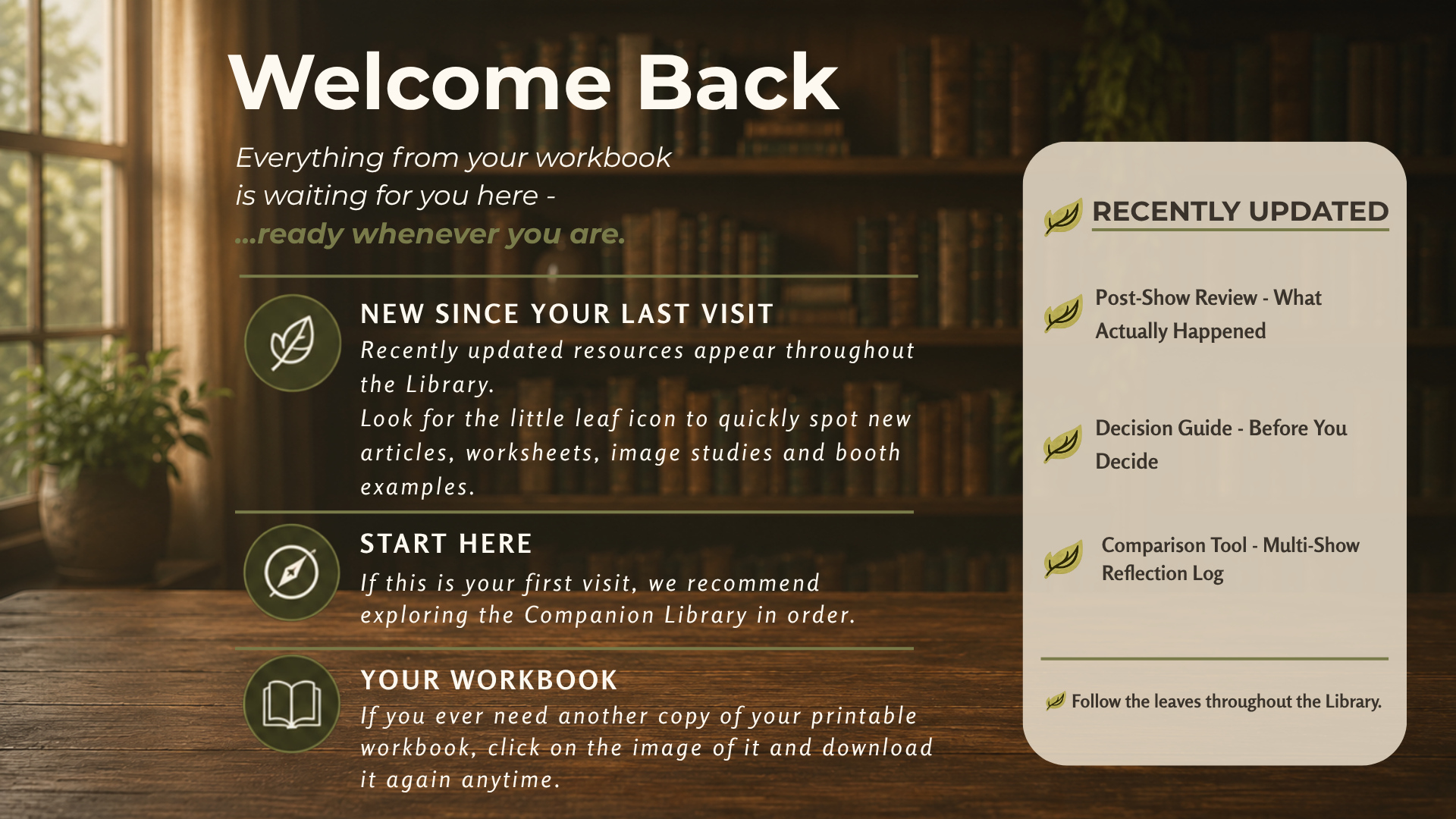 A welcoming library sign with the text 'Welcome Back' in large bold letters, and guiding text about resources, workbook, and library updates. The background shows a cozy library with wooden shelves filled with books, a window with curtains, and a potted plant on a table.