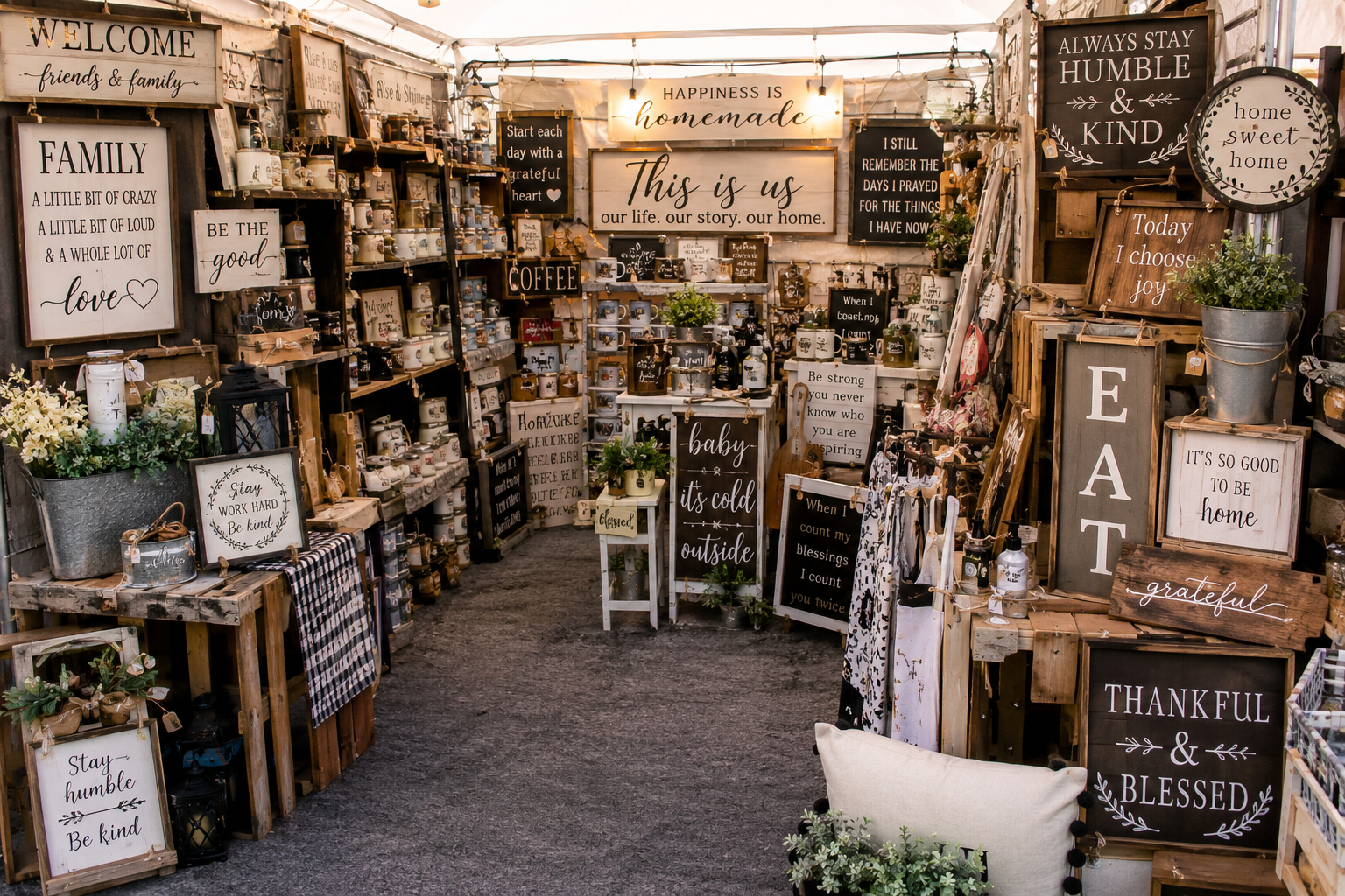 Crowded farmhouse-style craft booth filled with signs, displays, and products that create visual clutter and make shopping feel overwhelming.