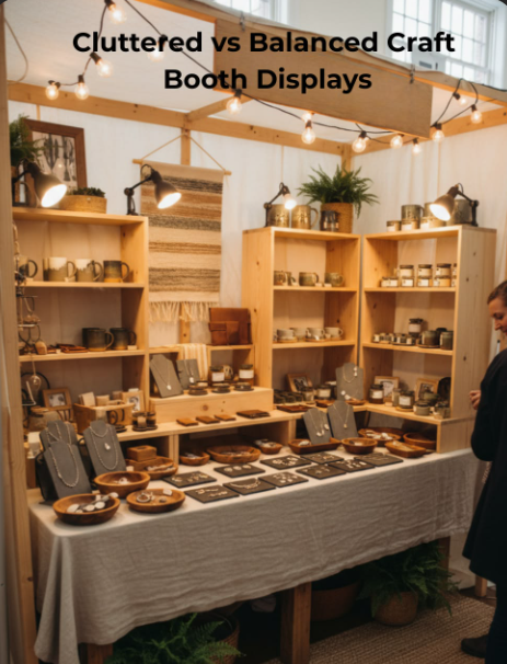 Warm handmade craft booth display featuring wooden shelving, pottery, candles, and artisan products arranged in a clean market setup designed to inspire craft show booth styling and display ideas for handmade sellers.