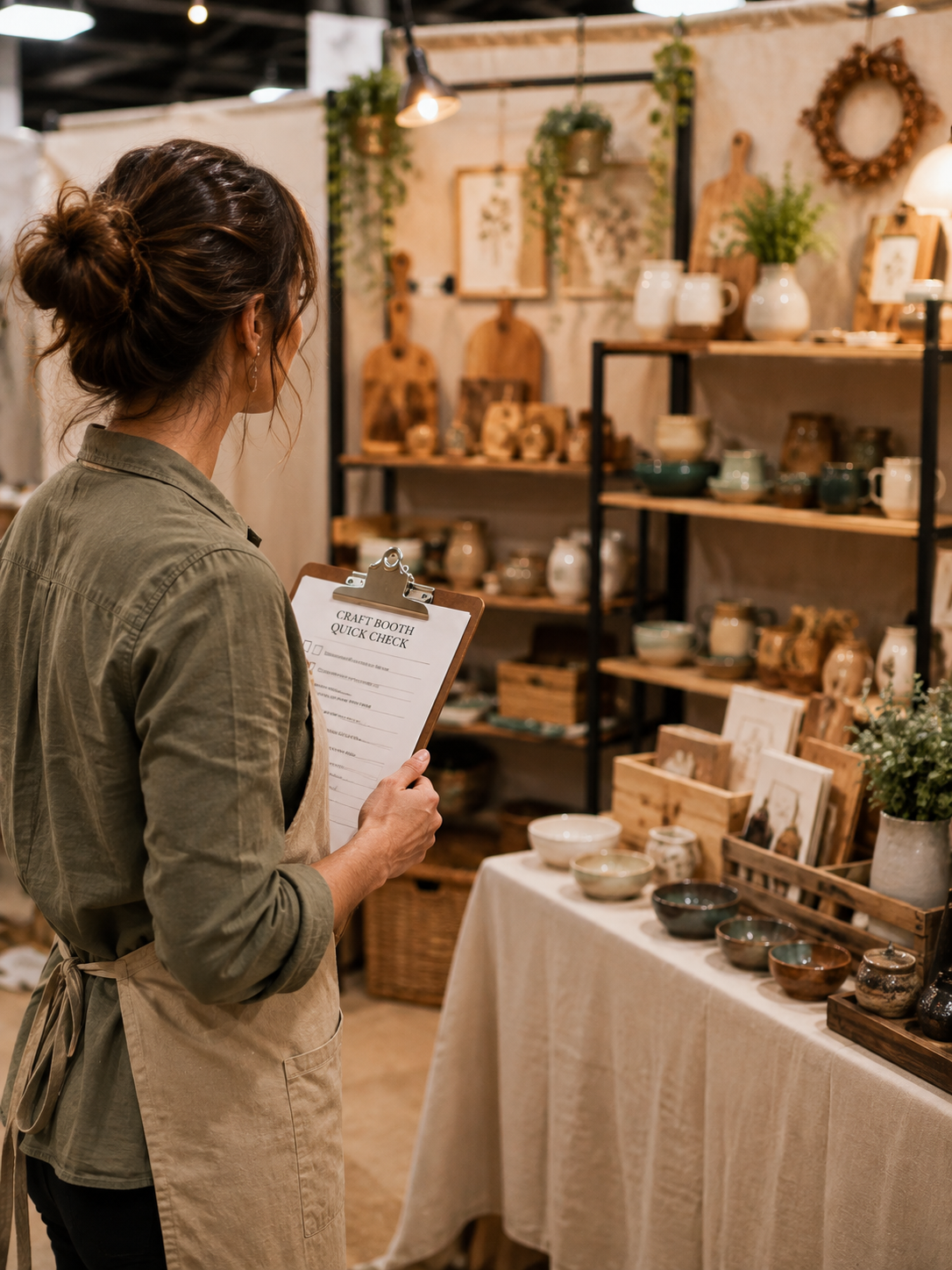 Woman at craft booth examining pottery and decor items.