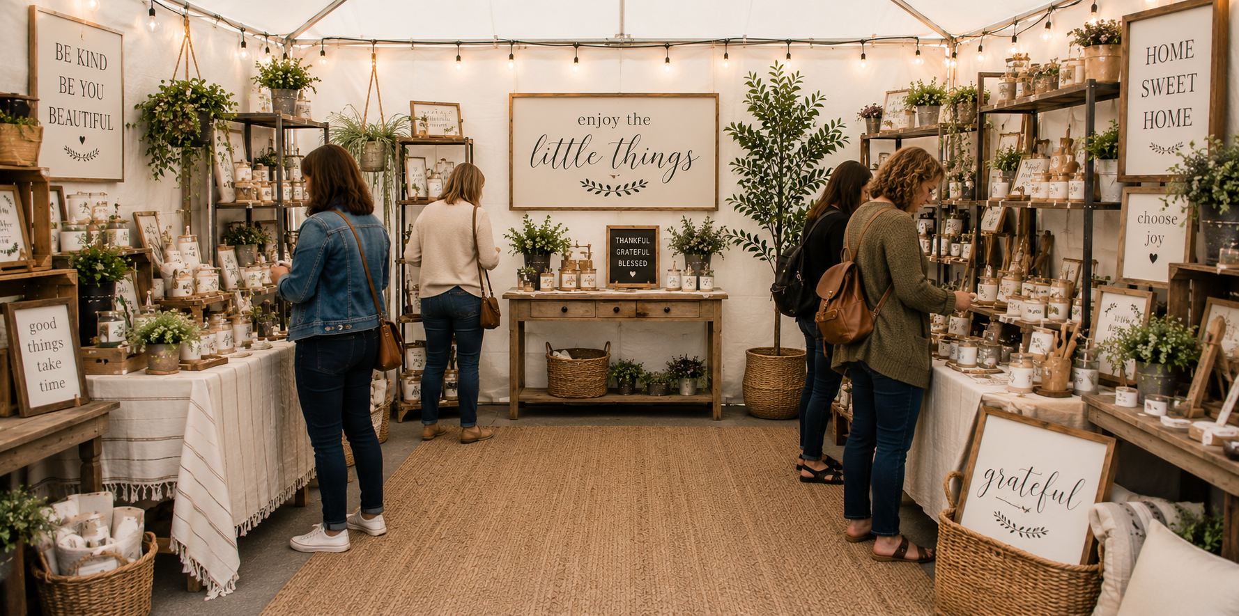 Shoppers comfortably browsing a clean, welcoming craft booth with clear sight lines.