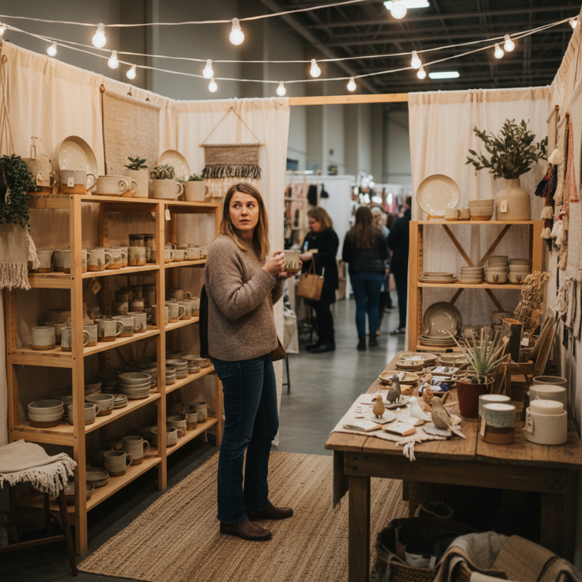 Shopper standing near the front edge of a handmade craft booth browsing products without moving deeper into the display.