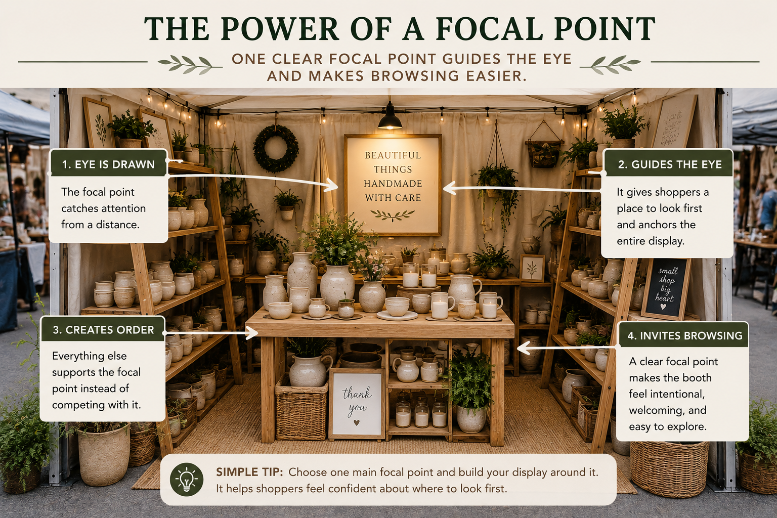 Craft booth display with a clear focal point and directional callouts showing how one central feature attracts attention, guides the eye, creates order, and encourages shoppers to browse.