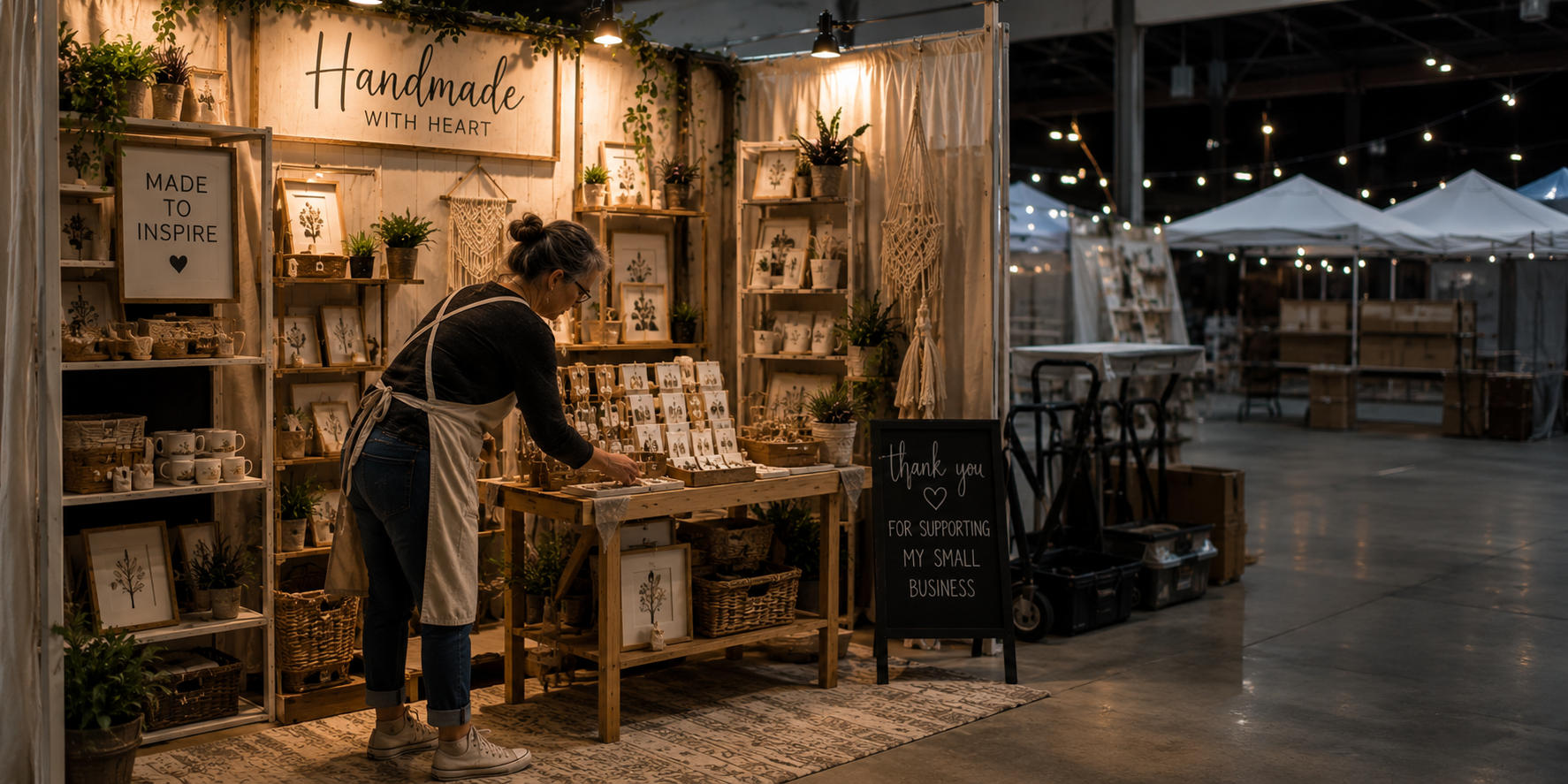 Craft show vendor rearranging products in a beautiful booth after the market closes, reflecting the search for why a good-looking booth isn't producing better results.