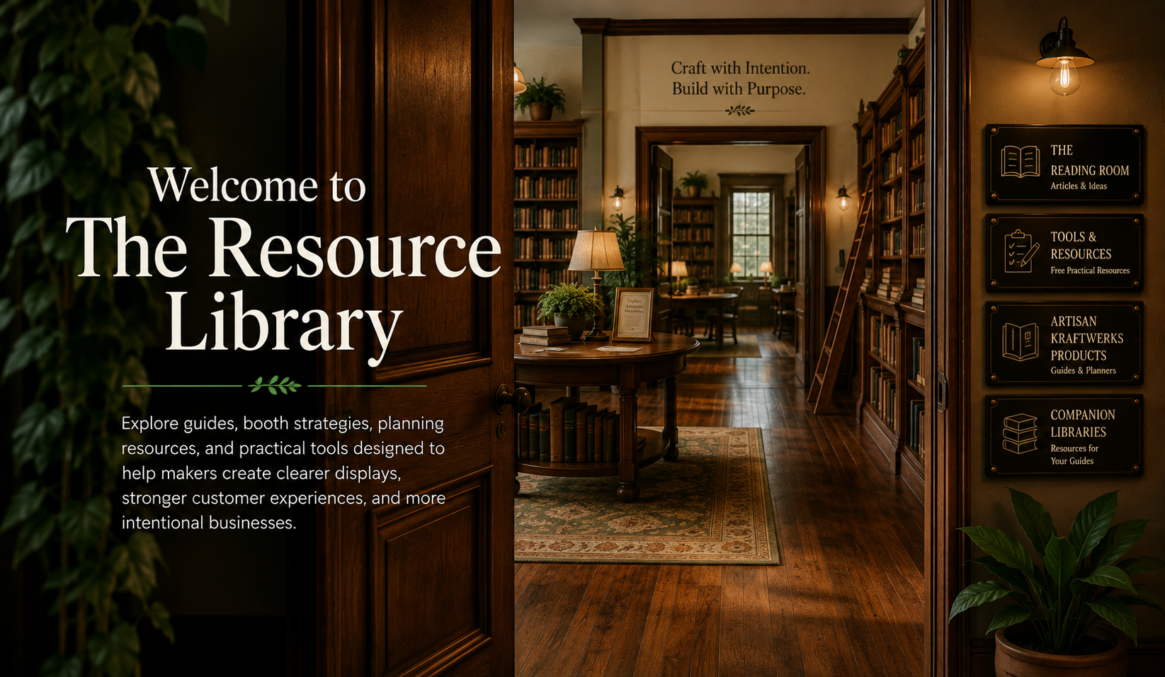 The entrance to The Resource Library with wooden walls and bookshelves, a small round table with a lamp and books, and a sign on the wall that says "Craft with Intention. Build with Purpose." There are additional bookshelves and reading areas visible in the background.