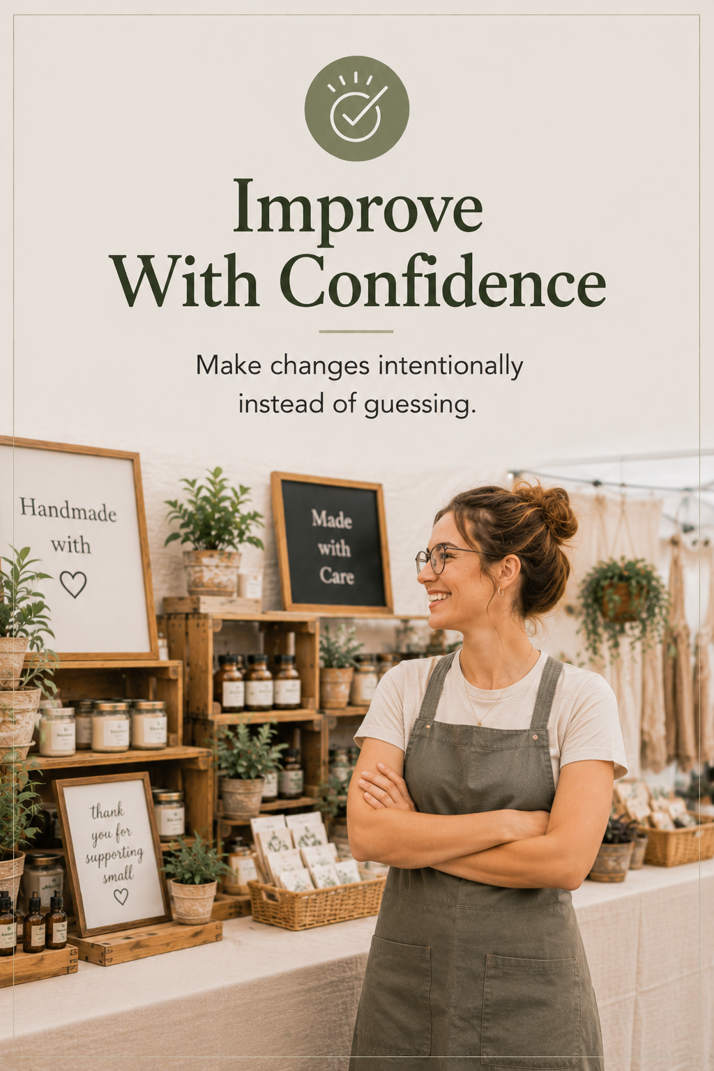 Confident craft show vendor smiling beside an organized booth display after making intentional improvements to the layout and shopper experience.