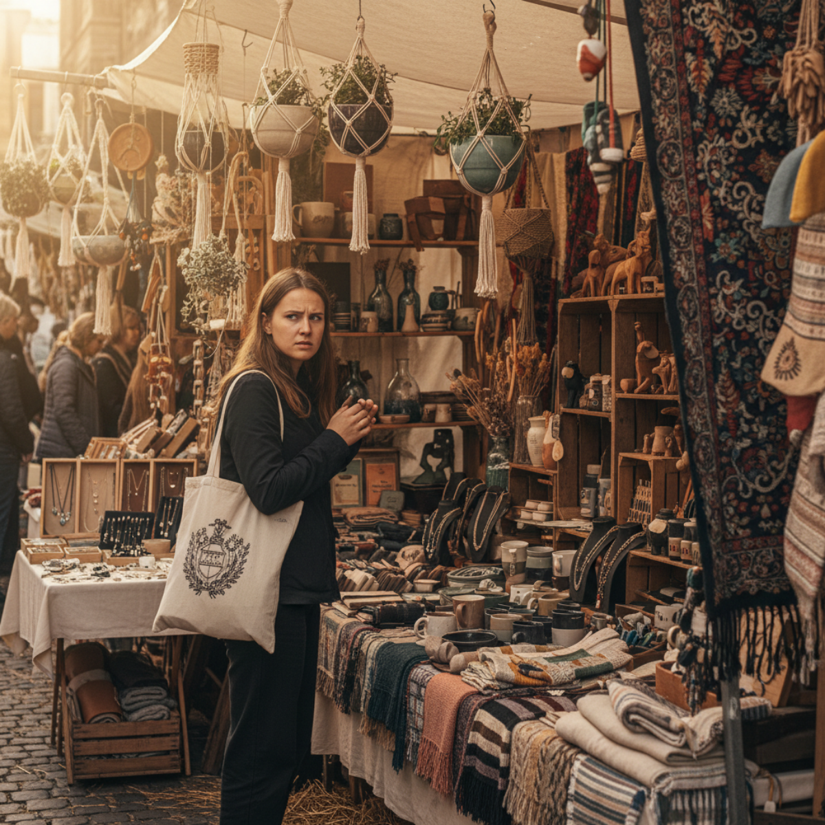Visually crowded handmade craft booth with multiple competing focal points causing shopper hesitation and stalled browsing movement.