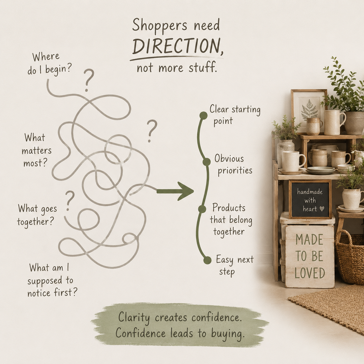 Illustration showing how clear product organization and visual direction help shoppers move from browsing to buying inside a craft booth.