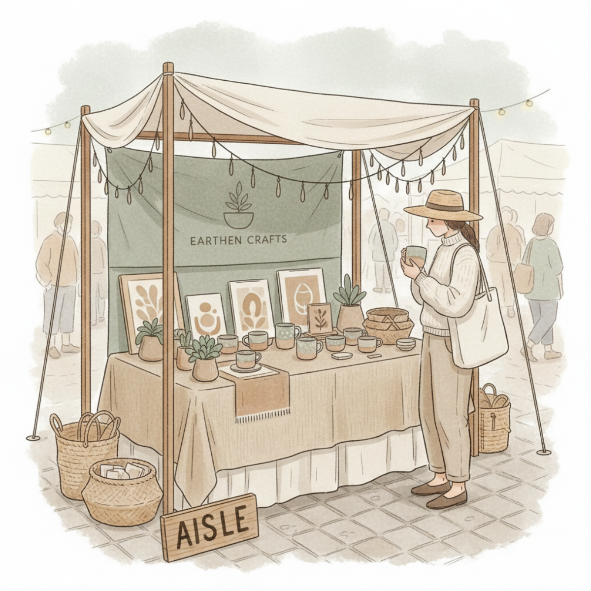 shopper slowing down at edge of trendy craft booth without stepping inside