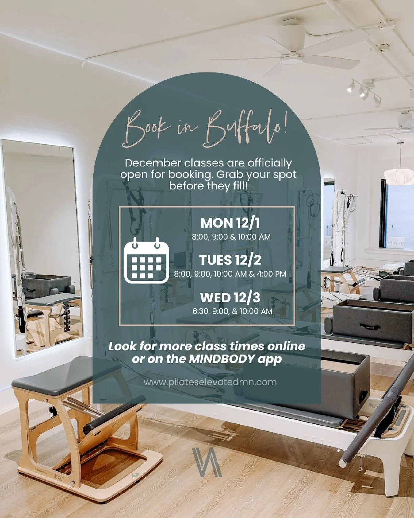 Well hello there, Buffalo. December classes are ✨officially✨open for booking. Grab your bestie (and your spots) before they fill!

Not seeing a class time that works for you? Head to our website or check us out on the MINDBODY to see more.

See you s