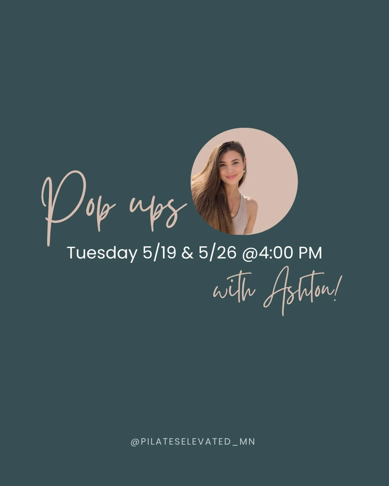 Student Teacher Pop Up Alert!✨💃🏼

🗓 TOMORROW&mdash;Tuesday, May 19th at 4:00 PM 🗓 Tuesday, May 26th at 4:00 PM
📍 Mound Studio

Come support Ashton, move your body, and enjoy a fun class filled with strength, energy, and good vibes.

Spots are li