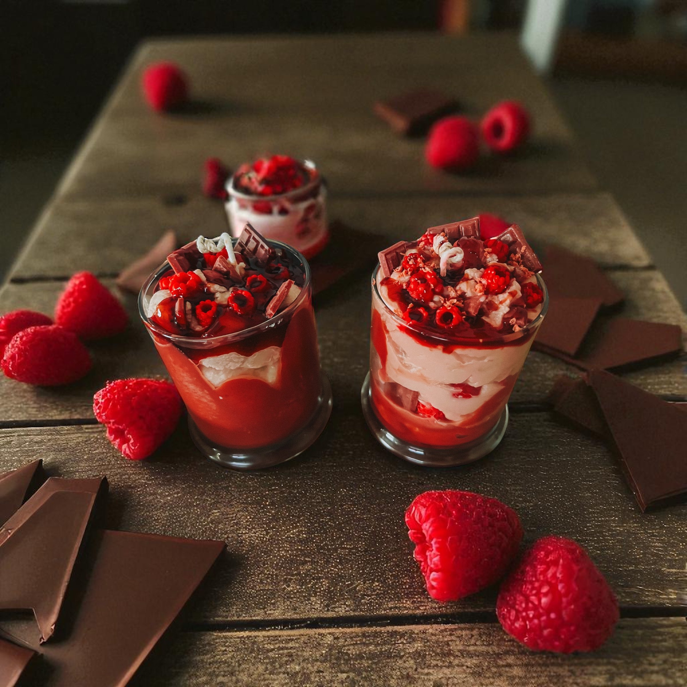 Candle of raspberry and chocolate parfaits on a wooden surface, surrounded by fresh raspberries and broken pieces of chocolate.
