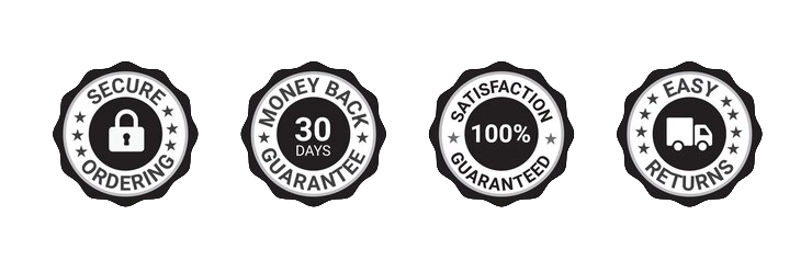 Set of four black and white circular badges with text and icons that highlight secure ordering, 30-day money-back guarantee, 100% satisfaction guarantee, and easy returns.