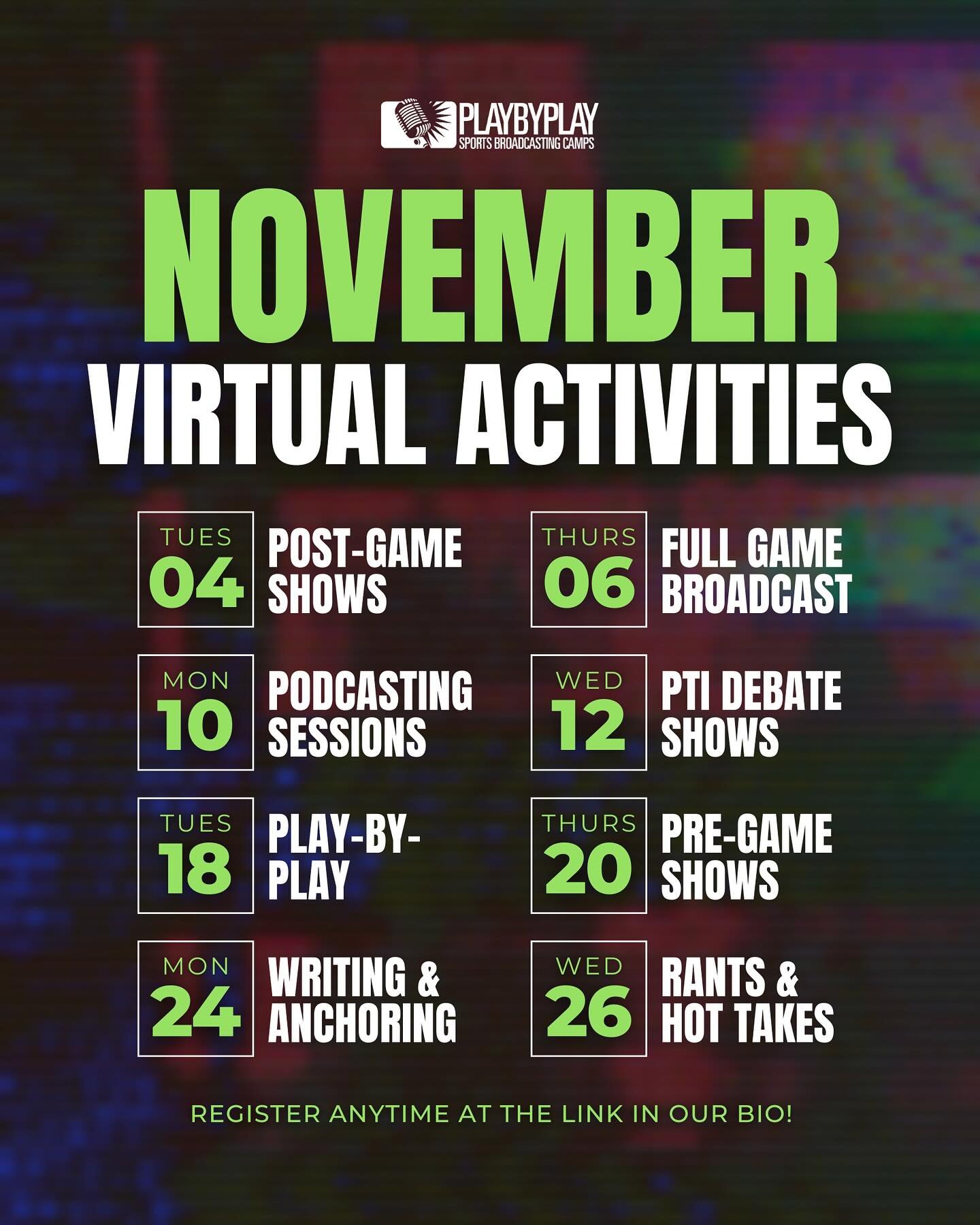 November&rsquo;s lineup is here! 🎙️
From play-by-play to hot takes, there&rsquo;s something new to learn each week during Virtual Activities.

Sessions run twice a week through April &mdash; register anytime to join the fun!

#virtualactivities #vir