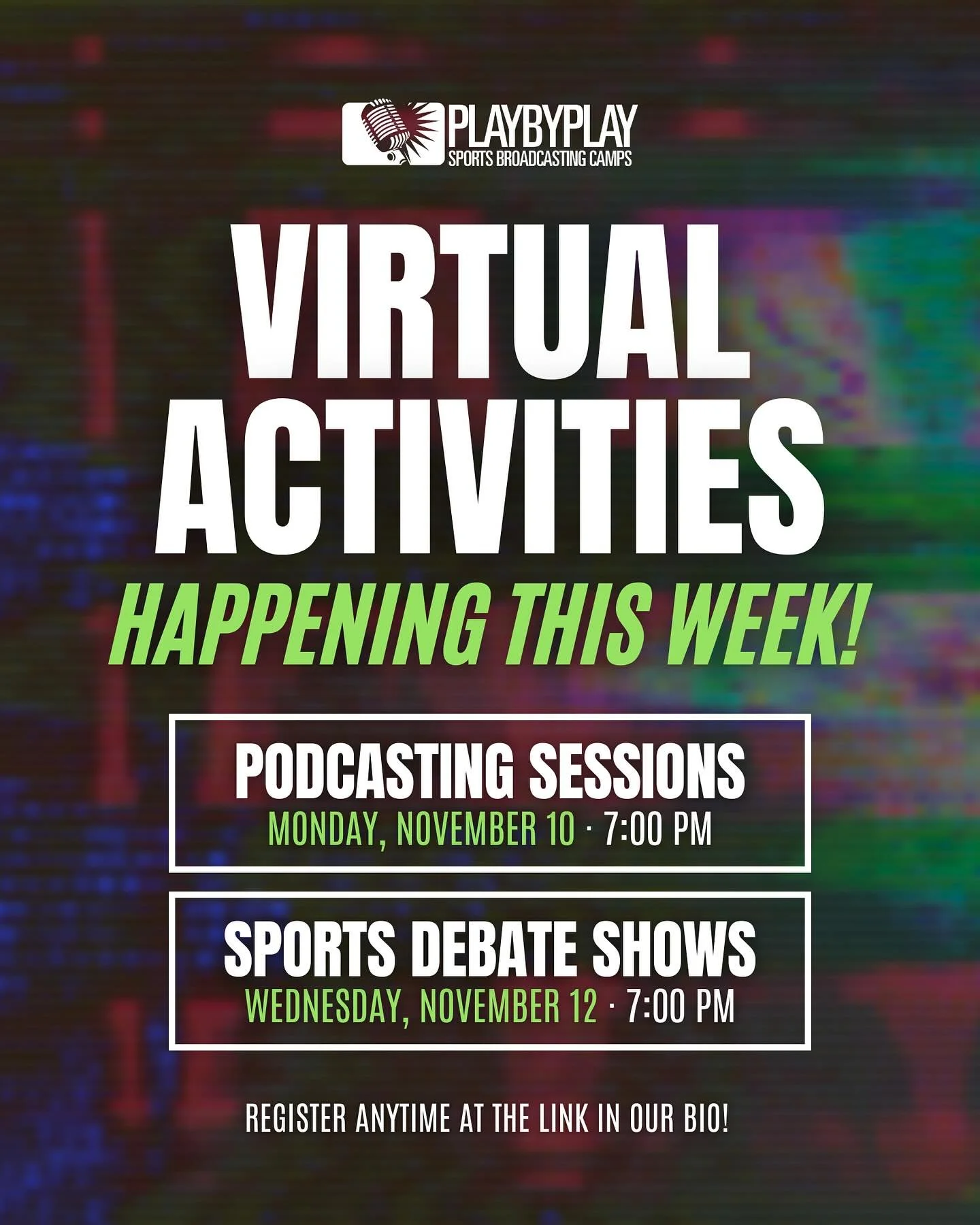 Virtual activities this week: Podcasting &amp; Sports Debate Shows! 🎙️
The fun continues twice a week through April 2026 &mdash; join anytime at the link in our bio.