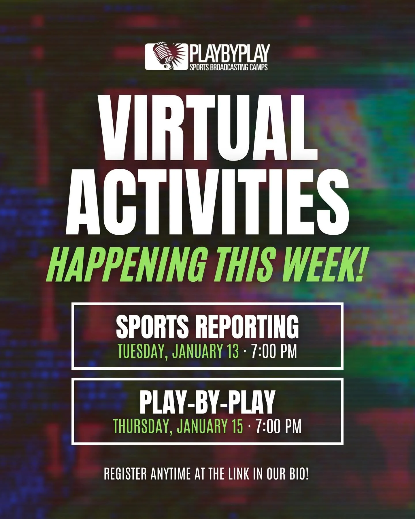January Virtual Activities are off and running! 🔥
Sports Reporting tonight &rarr; Play-by-Play on Thursday 🎙️

Join anytime at the link in our bio. 👀