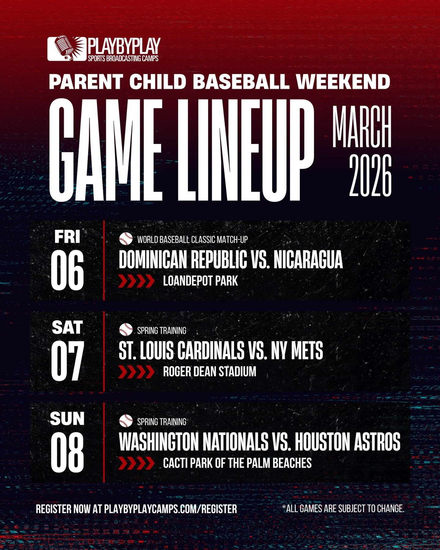 Baseball all weekend long. ⚾️

World Baseball Classic.
Spring Training matchups.
Behind the scenes at FAU Owl TV Studio.
Great food across South Florida.

From the stands to the studio, this weekend is built for families who love talking sports.

Mar
