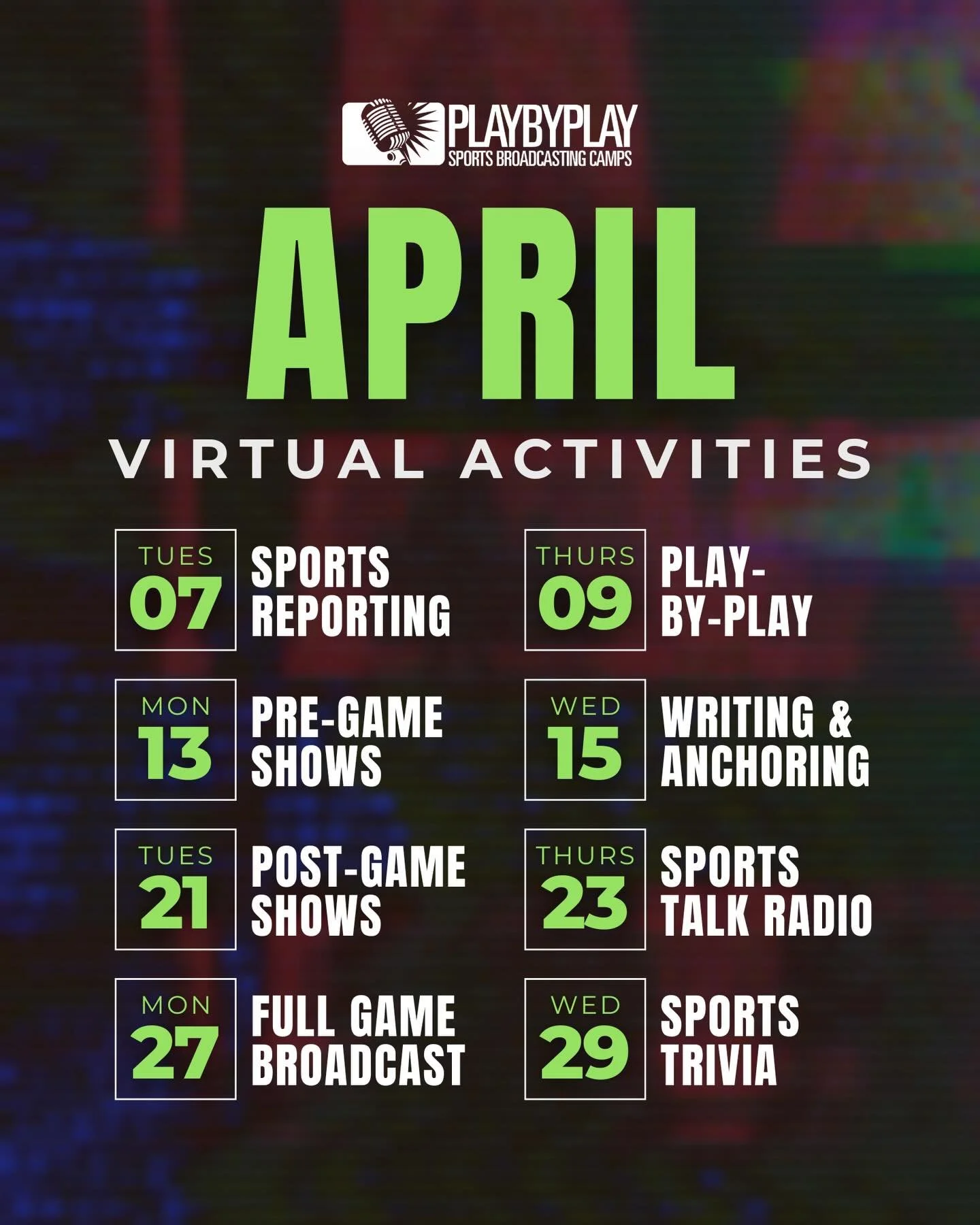 April wraps up our Virtual Activities season 🎙️
Over 60 campers have been part of the action&mdash;and we&rsquo;re not done yet.

Tonight (not pictured) kicked things off with some Sports Debate Shows 💥

Finish strong with us this month&hellip; the