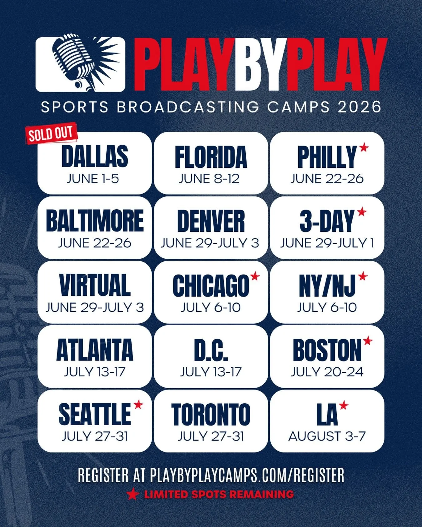 Summer 2026 is gearing up to be our biggest yet 👀

Dallas is SOLD OUT.
Philly, Seattle, LA and our 3-Day Workshop all have less than 10 spots remaining (Philly day camp is full).
⭐️ cities are filling fast and expected to sell out.

Don&rsquo;t wait