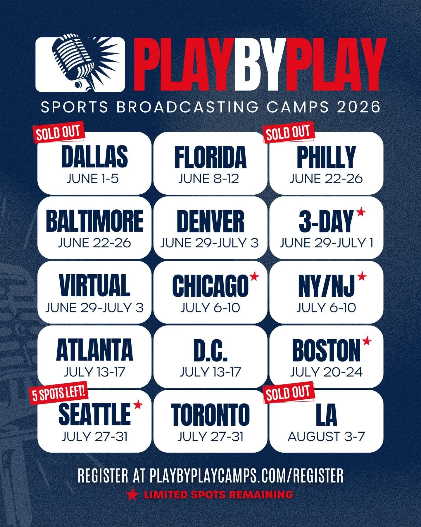 Summer 2026 keeps filling up 👀

Dallas, Philly &amp; LA are SOLD OUT.
Seattle is down to just a few spots.
⭐️ cities are getting close.

Don&rsquo;t wait to lock in your spot &mdash; register now at the link in bio.

#sportsbroadcasting #summercamp 