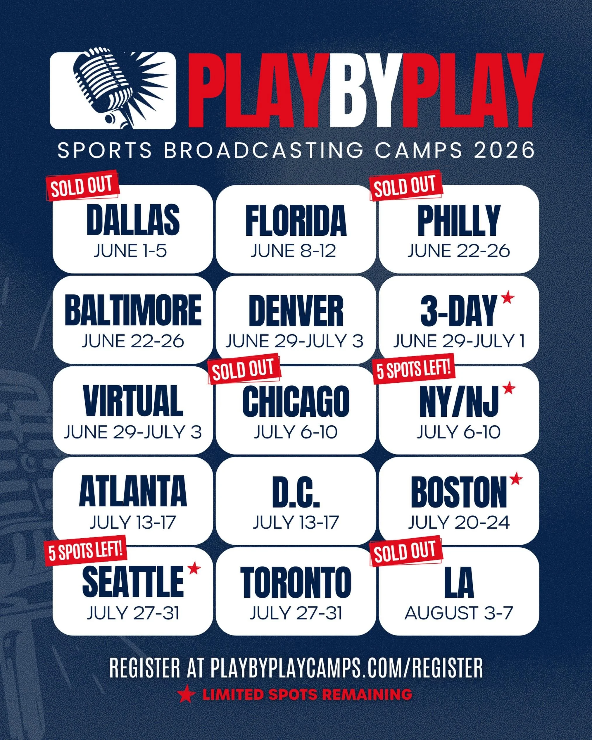 Summer 2026 is almost here 👀

Chicago is now SOLD OUT, and NY/NJ is down to just 5 spots remaining! Limited spots are also left in Seattle and Boston 🎙️

And in just 2 weeks, we kick things off with our sold out Dallas camp 🔥

Now&rsquo;s the time