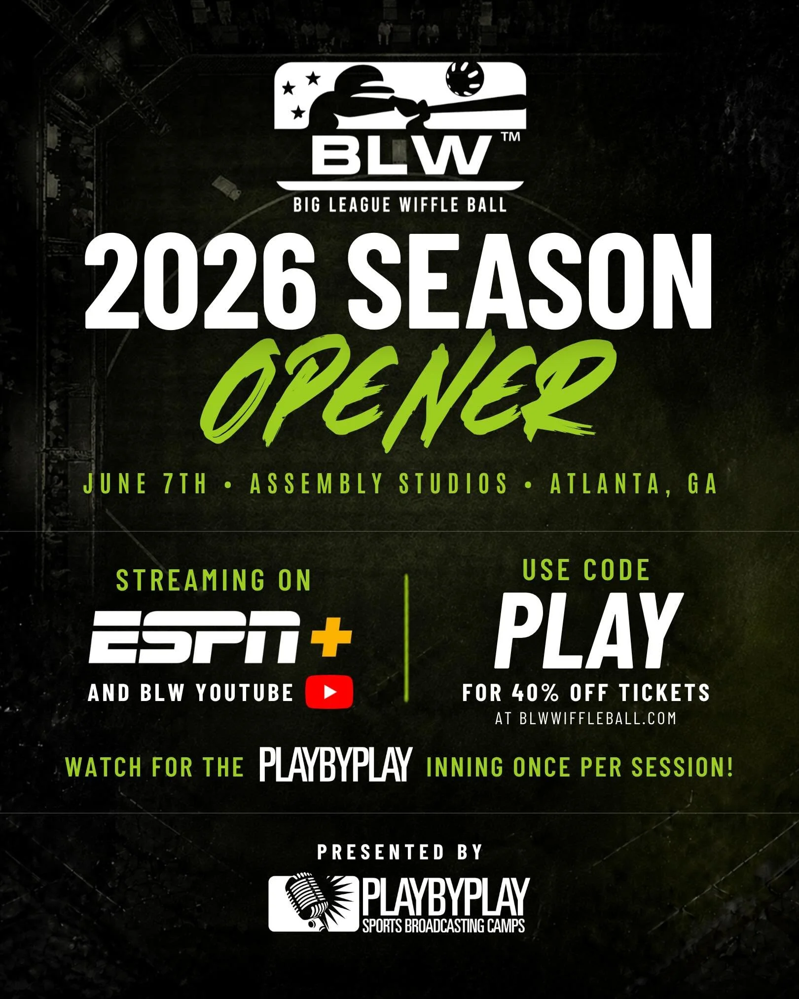 New partnership. New season. ⚾🎙️

We&rsquo;re excited to partner with Big League Wiffle Ball for an incredible season ahead, starting June 7 at Assembly Studios in Atlanta.

🎟️ Use code PLAY for 40% off tickets
📺 Streaming on ESPN+ and BLW YouTube