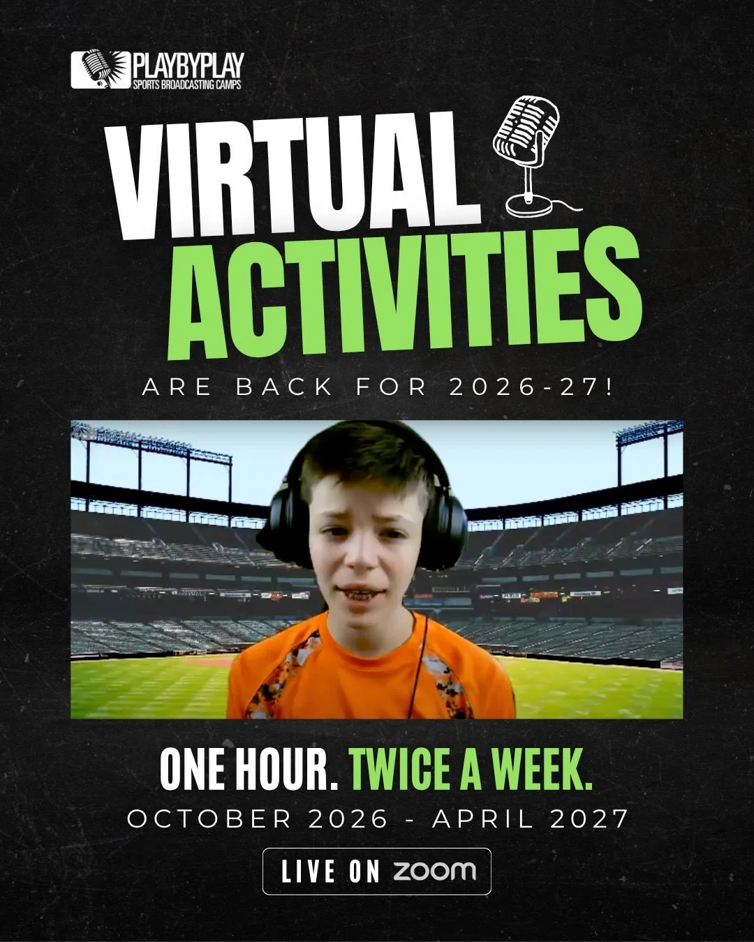 Virtual Activities are BACK 🎙️
And you can try them FREE next week 👀
Podcasting &mdash; Sept. 29
Sports Debate Shows &mdash; Oct. 1
Email info@playbyplaycamps.com to join!
Virtual Activities run twice a week from October through April.