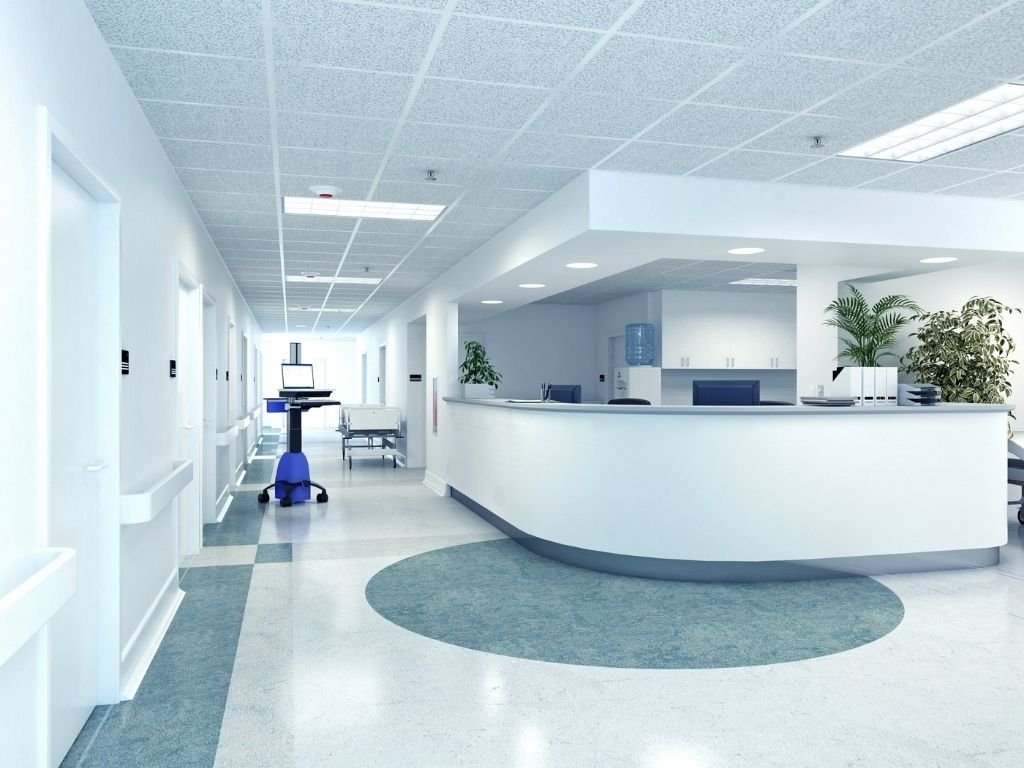 an empty reception area of a hospital