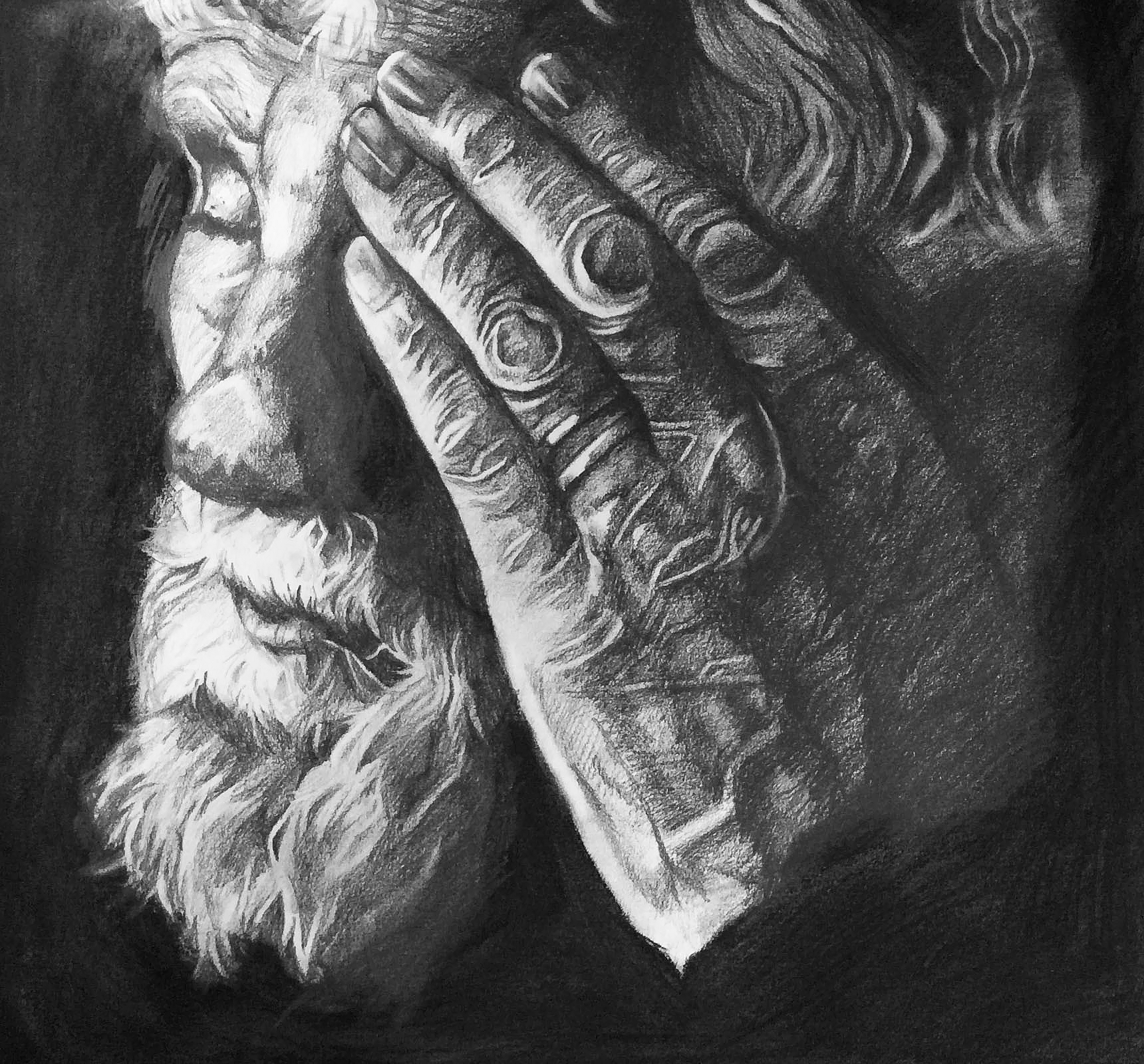 Graphite and charcoal drawing of an old man