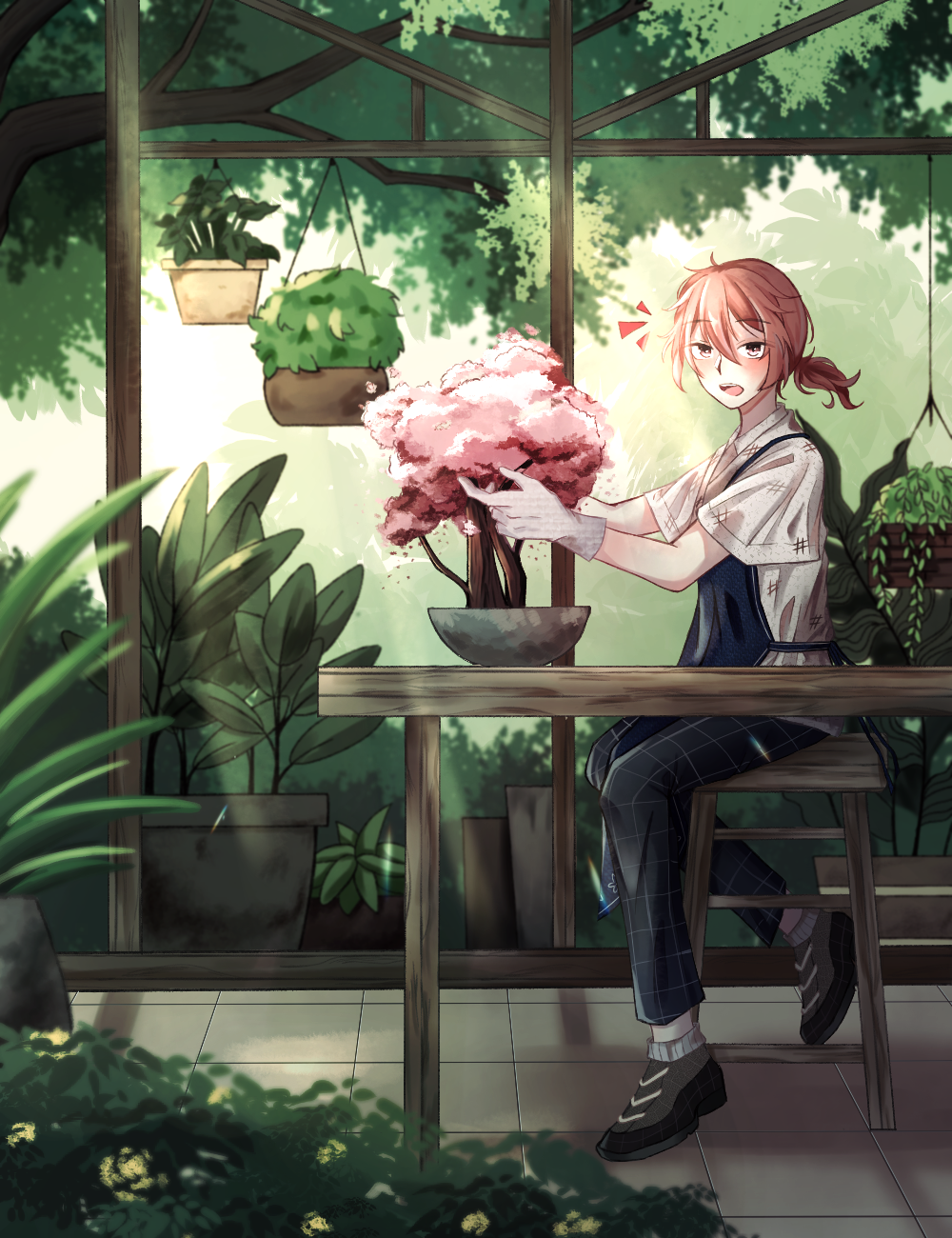 Digital art of a florist in a greenhouse