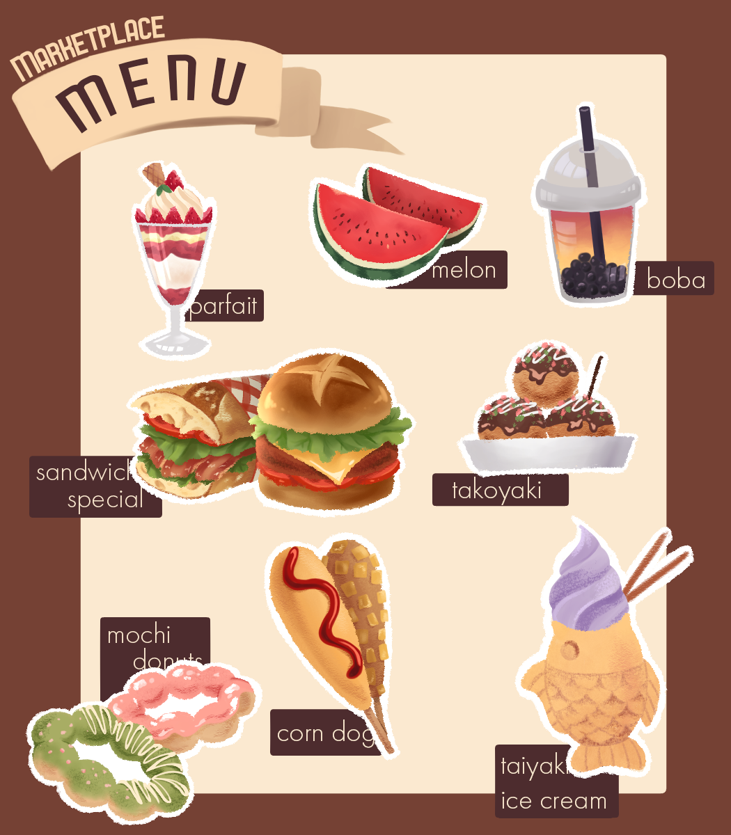 Sticker sheet for HackGT 8 themed after a night market