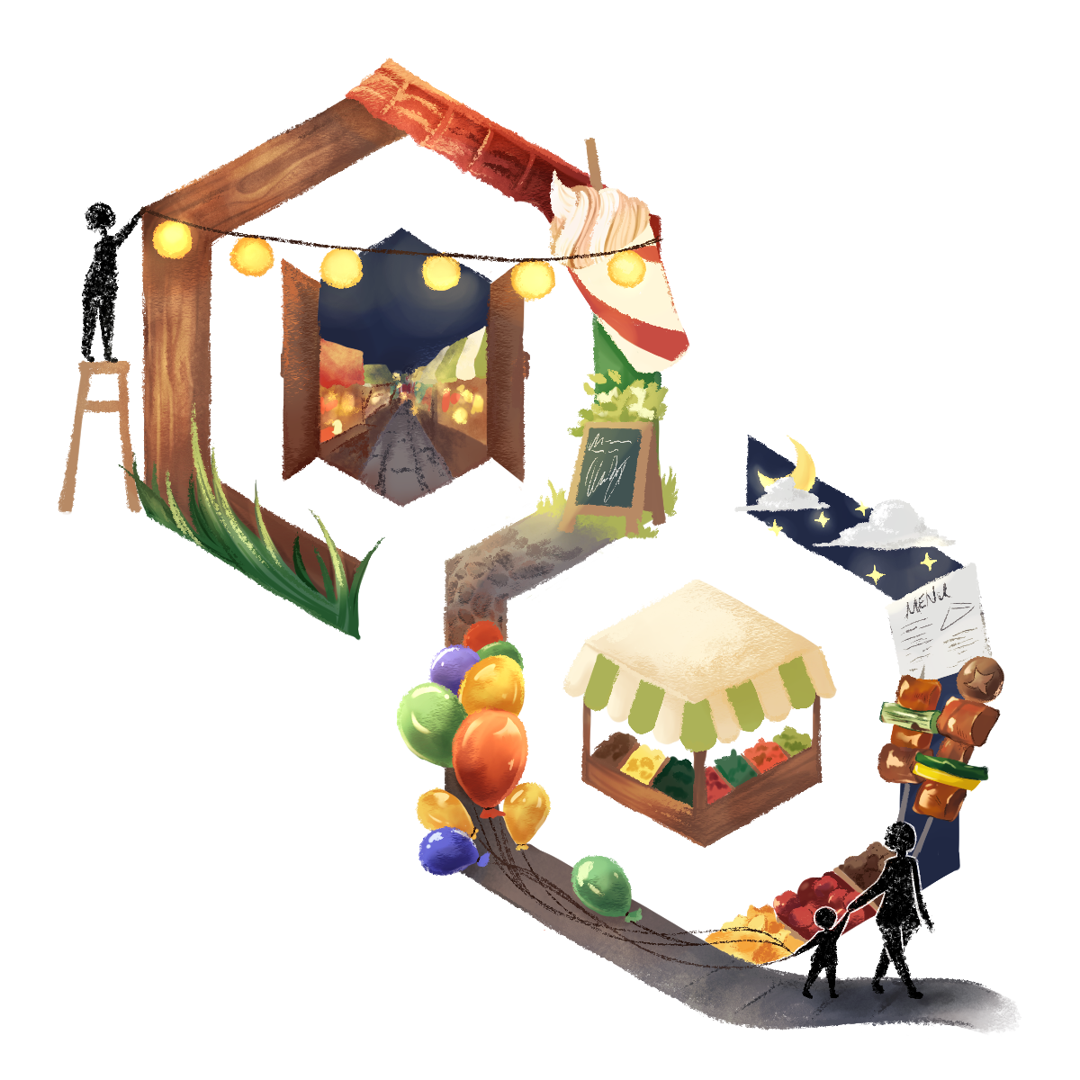 HexLabs logo for HackGT8, themed after a night market