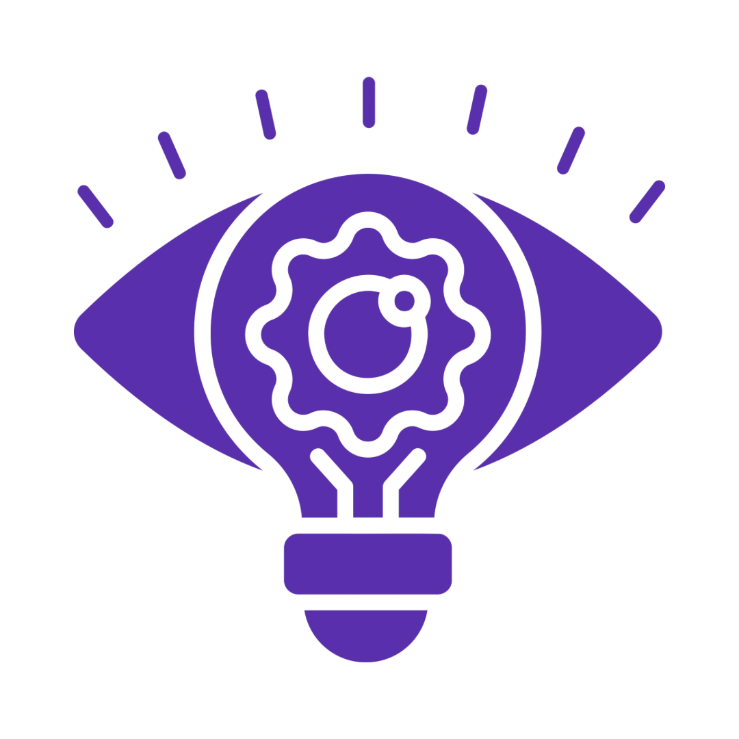 A purple line drawing of a light bulb with a gear inside, positioned in front of an eye symbol.