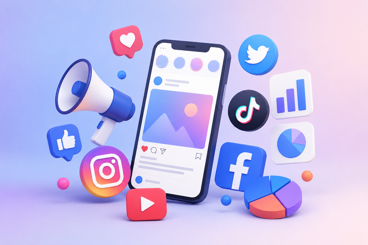 Digital illustration of social media icons and a smartphone with a social media feed, including Facebook, Instagram, TikTok, Twitter, YouTube, like, comment, share, and analytics icons on a pastel background.