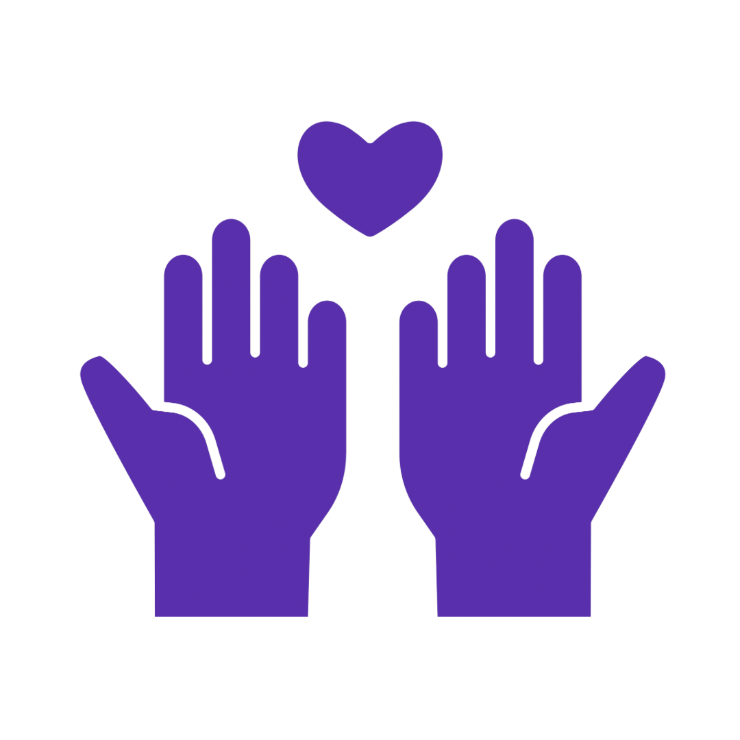 Two purple hands held up with palms facing forward beneath a purple heart.